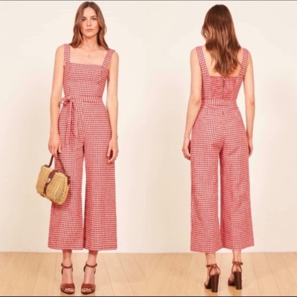 Reformation Red Gingham 100% Linen Jumpsuit - Size  6